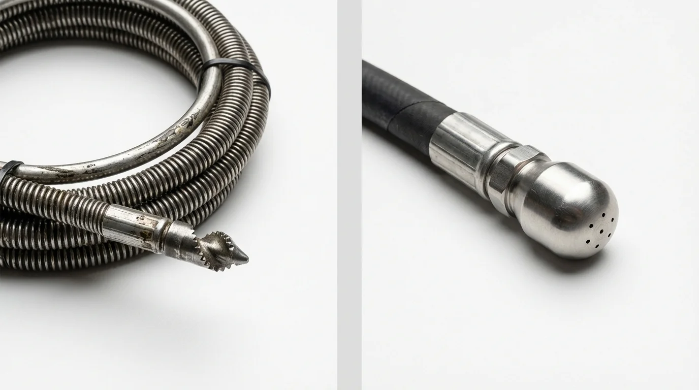 Drain snake cable and hydro jetting nozzle used for drain cleaning in Birmingham, MI