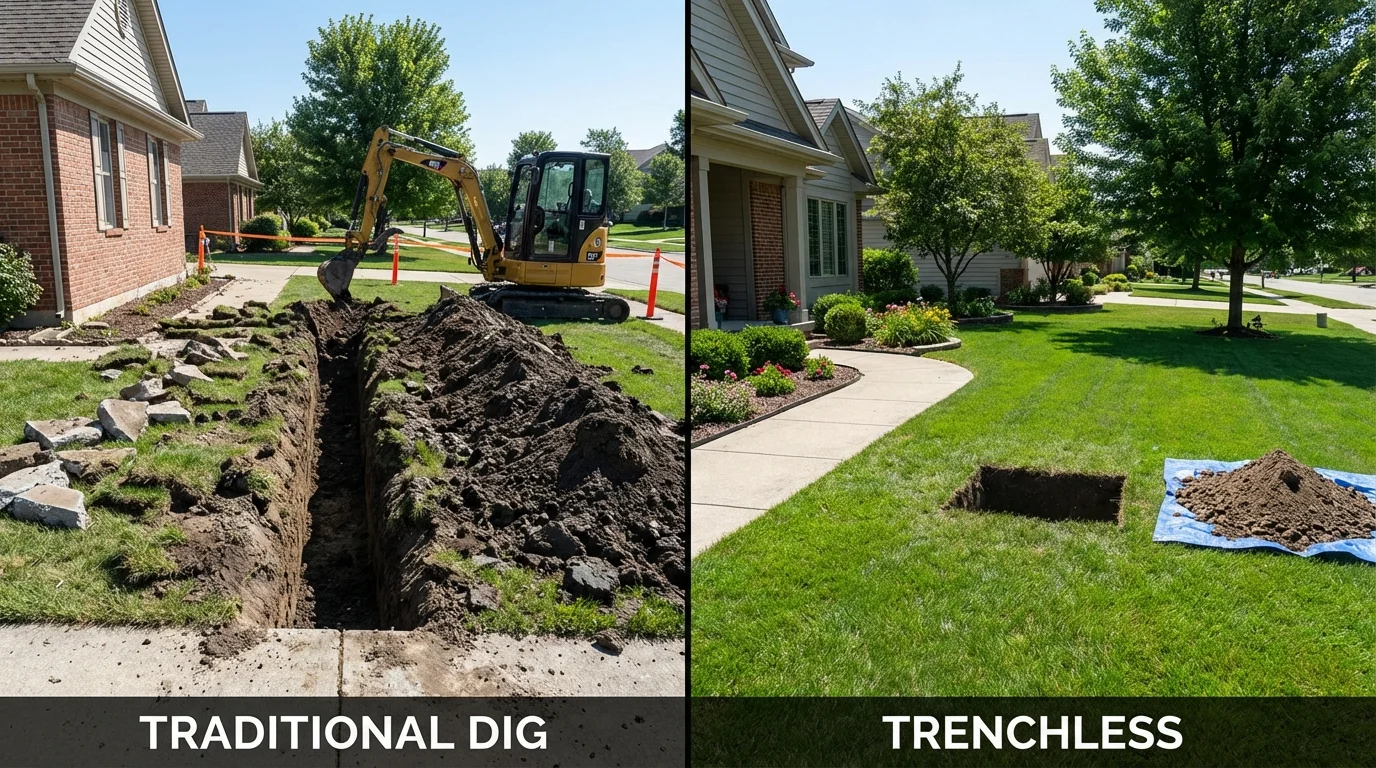 Trenchless sewer repair with minimal yard damage versus traditional excavation in Birmingham, MI