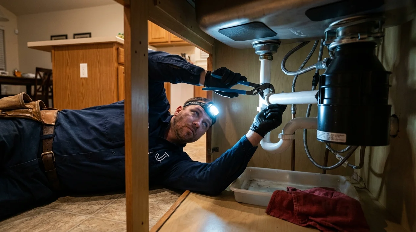 P-trap and supply line connections under a kitchen sink showing a common leak point in Birmingham, MI